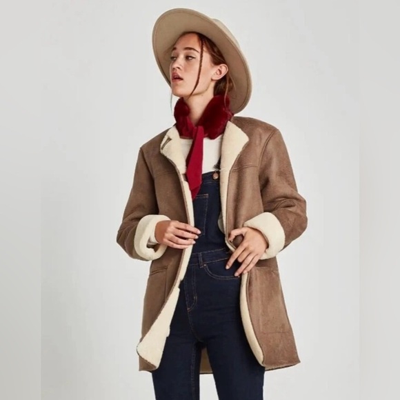 Zara Penny Lane Tan Faux Leather Shearling Coat - Picture 6 of 15